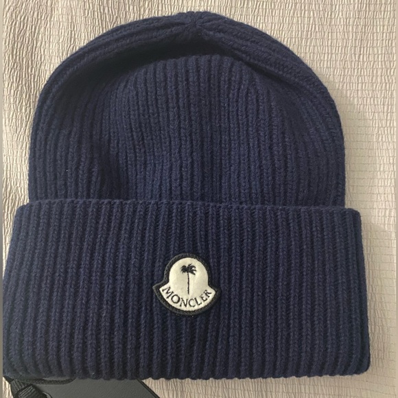 NWT UNISEX AUTHENTIC 8 MONCLER PALM ANGELS TRICOT BEANIE HAT NAVY BLUE COLLAB! - Picture 4 of 10